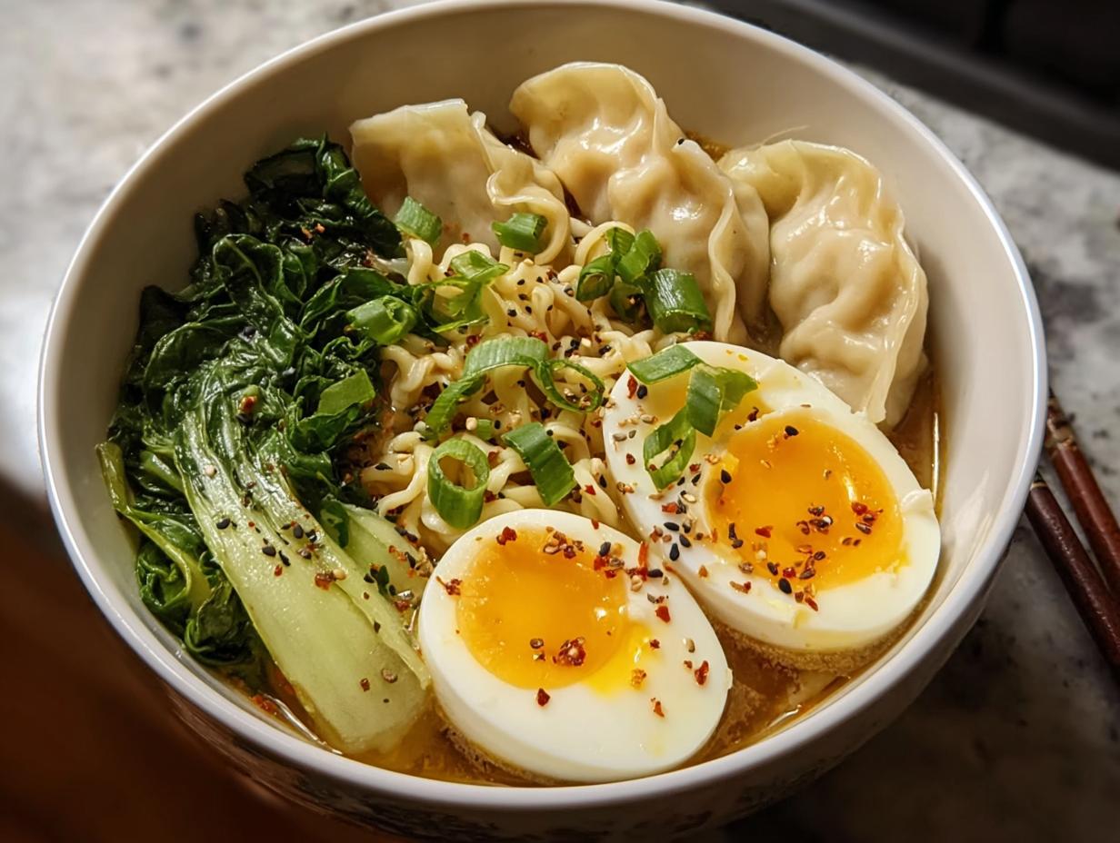 A close-up of a Savory Dumpling Ramen Bowl with soft-boiled eggs, dumplings, noodles, and bok choy.