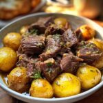 A bowl of tender slow cooker garlic butter beef with potatoes, garnished with herbs.