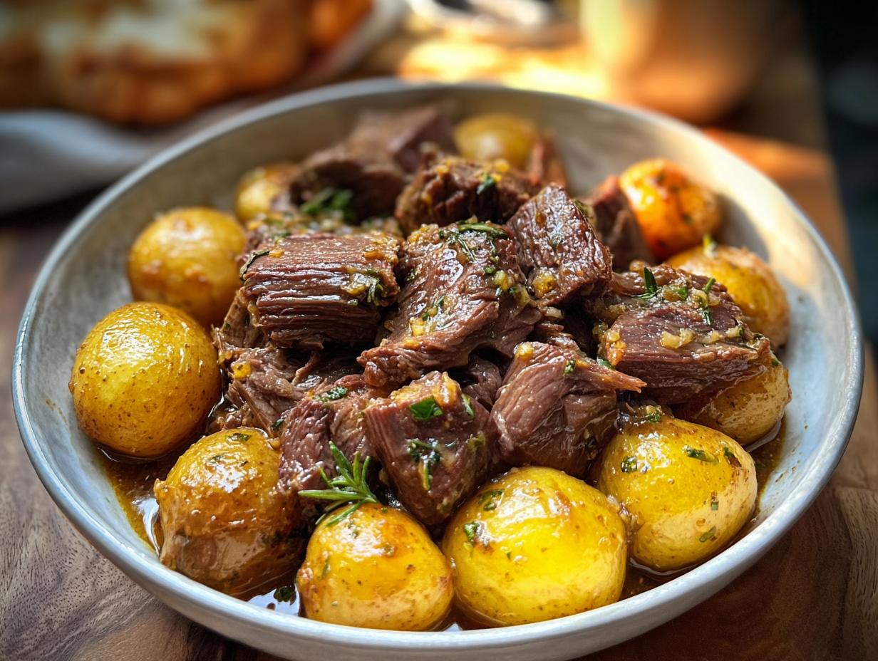 A bowl of tender slow cooker garlic butter beef with potatoes, garnished with herbs.