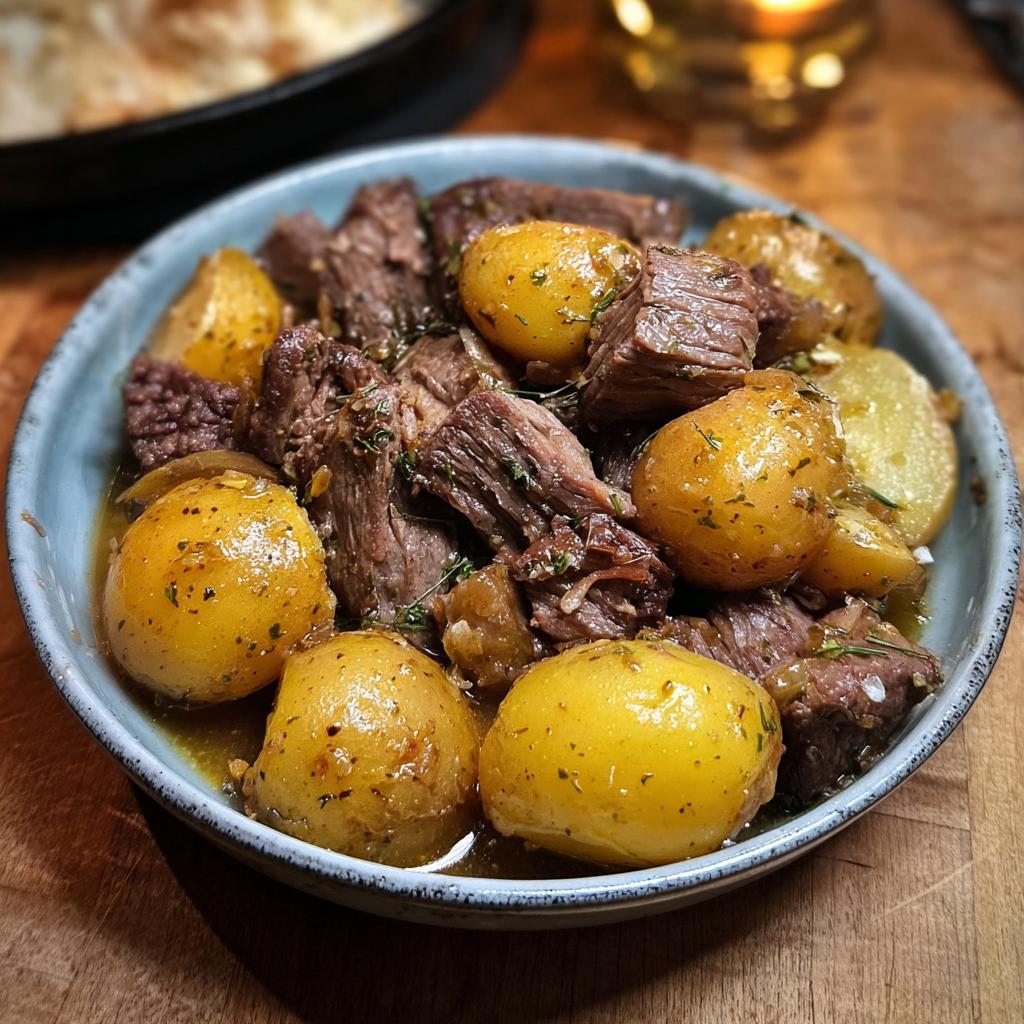 A bowl of tender Slow Cooker Garlic Butter Beef with Potatoes, garnished with herbs.