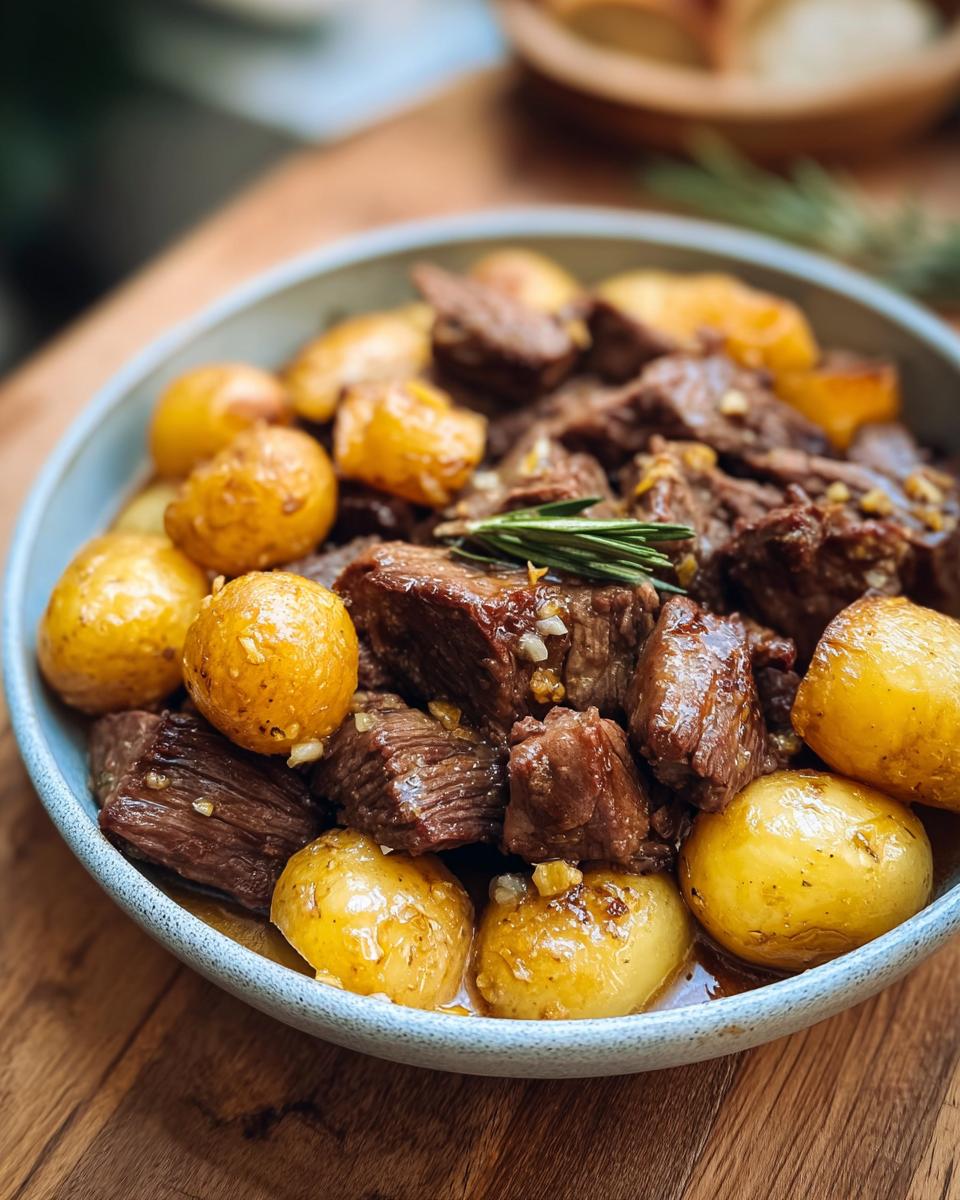 A bowl of tender Slow Cooker Garlic Butter Beef with Potatoes, garnished with rosemary.