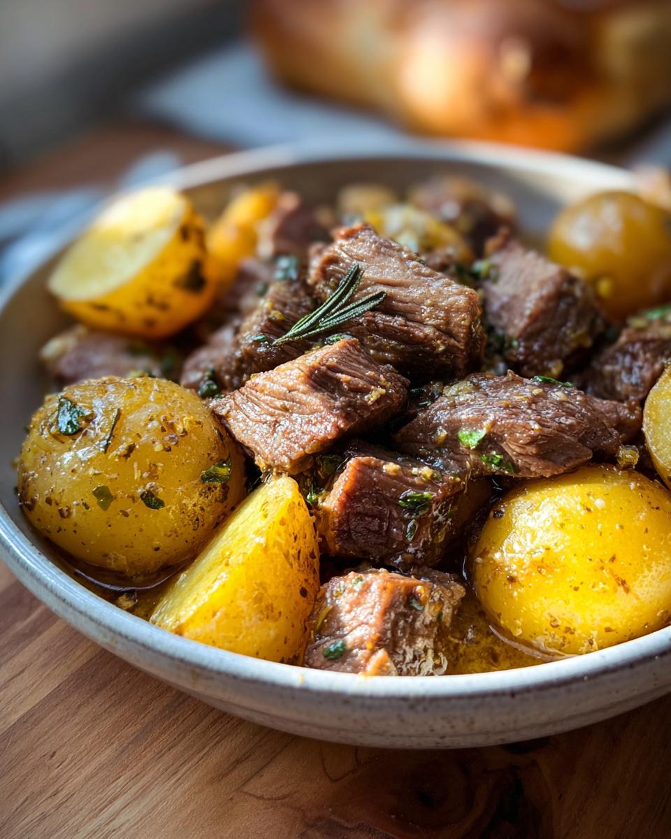 A bowl of tender Slow Cooker Garlic Butter Beef with Potatoes, garnished with rosemary.