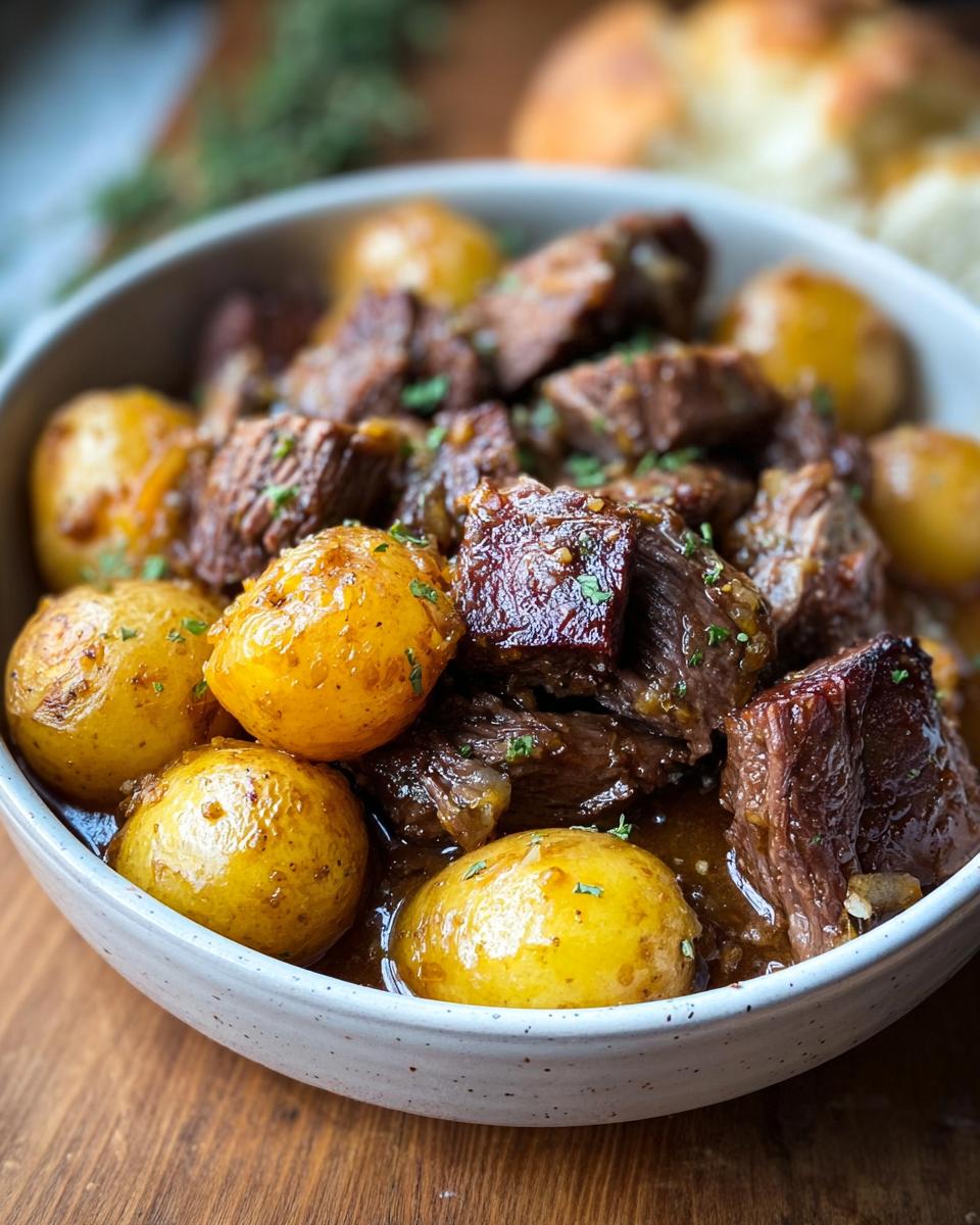 A bowl of tender Slow Cooker Garlic Butter Beef with Potatoes, garnished with fresh parsley.