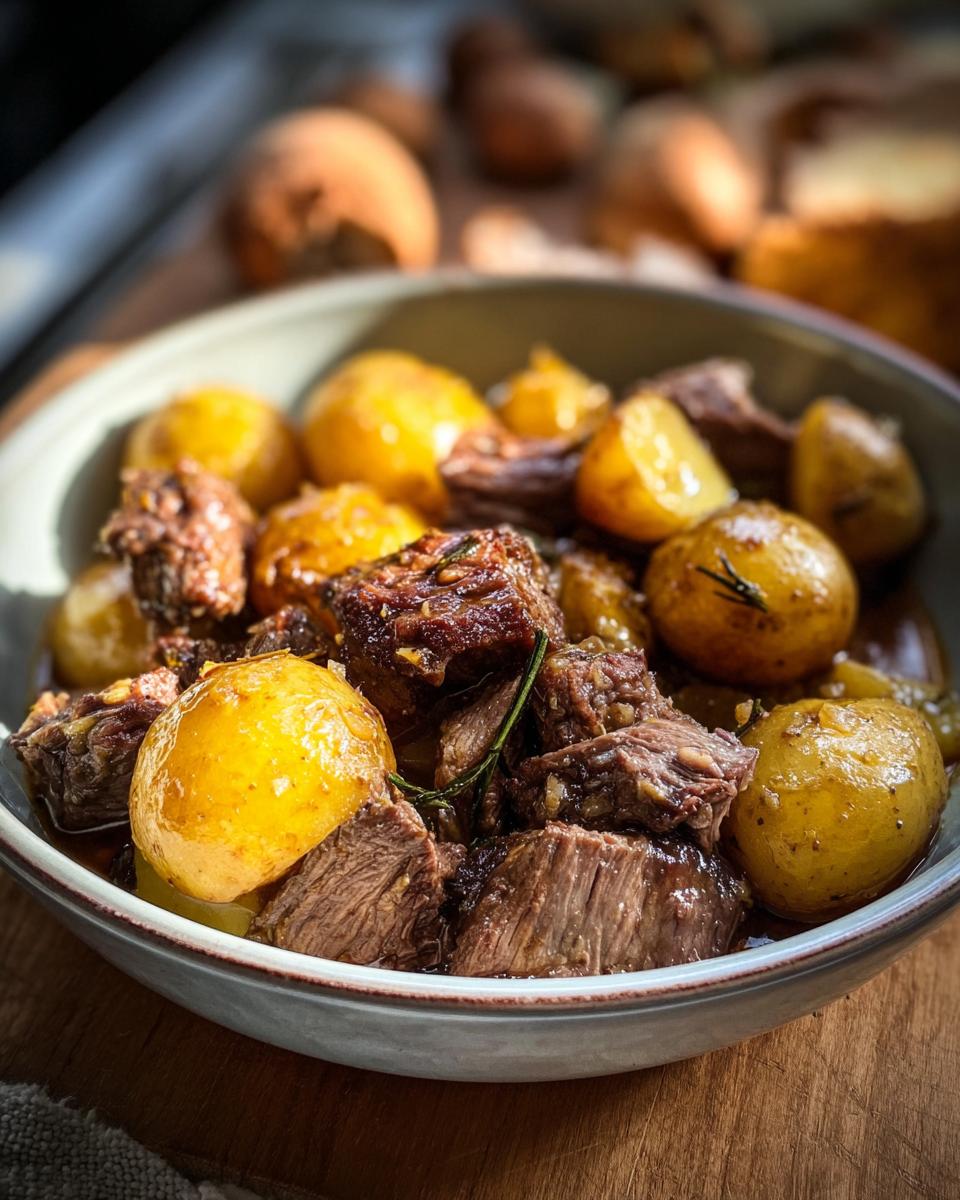 A bowl of tender Slow Cooker Garlic Butter Beef with Potatoes, garnished with rosemary.