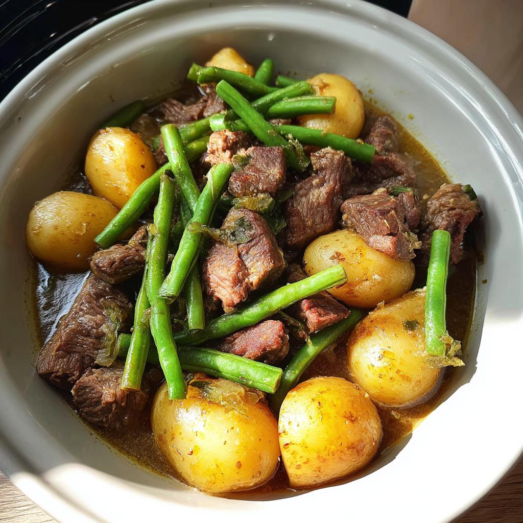A bowl of slow cooker garlic butter beef with potatoes and green beans, a hearty and delicious meal.