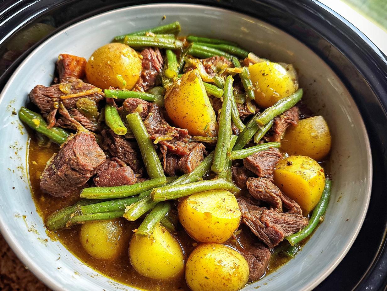 A bowl of Slow Cooker Garlic Butter Beef with Potatoes and green beans, a hearty and flavorful meal.