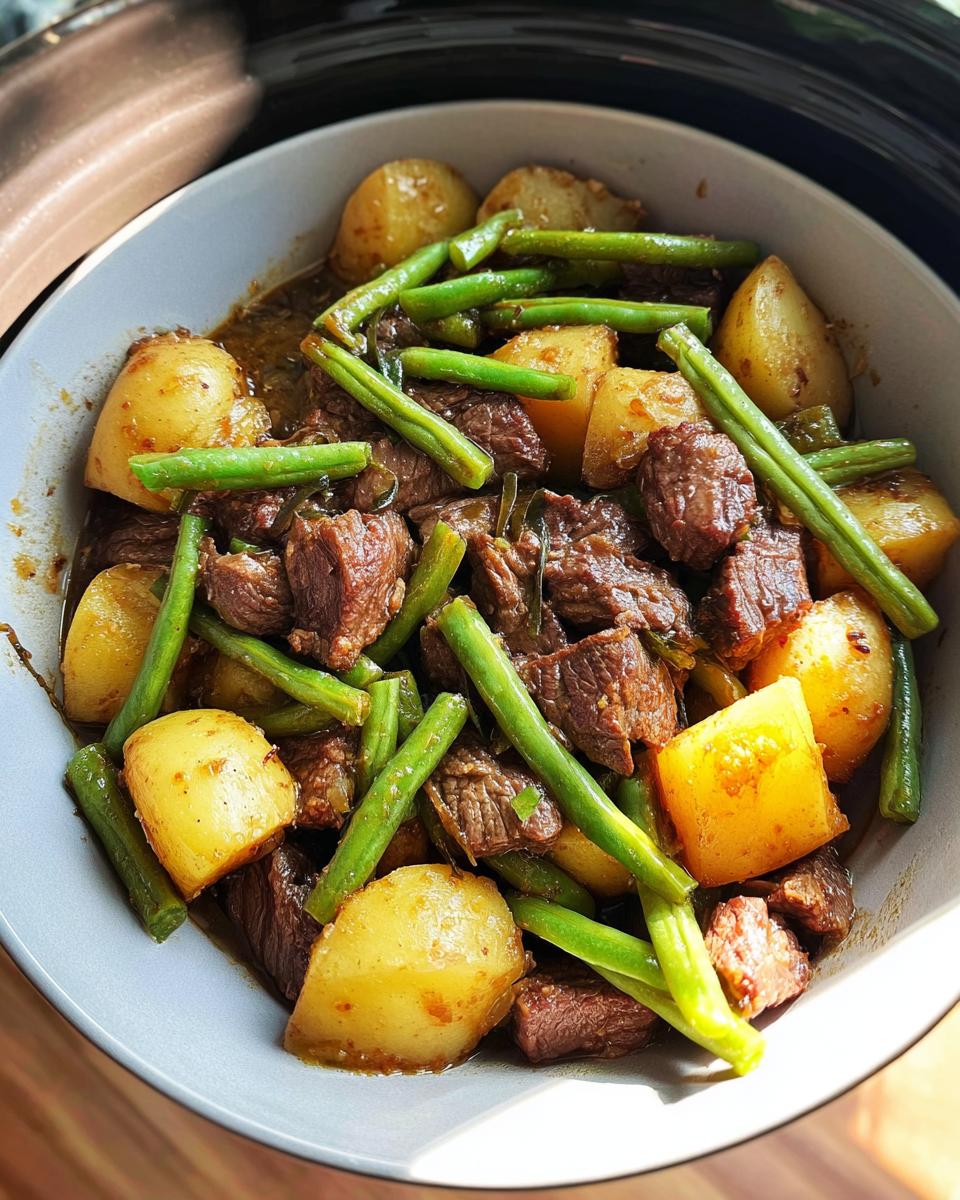 A bowl of Slow Cooker Garlic Butter Beef with Potatoes, featuring tender beef chunks, golden potatoes, and crisp green beans in a savory sauce.