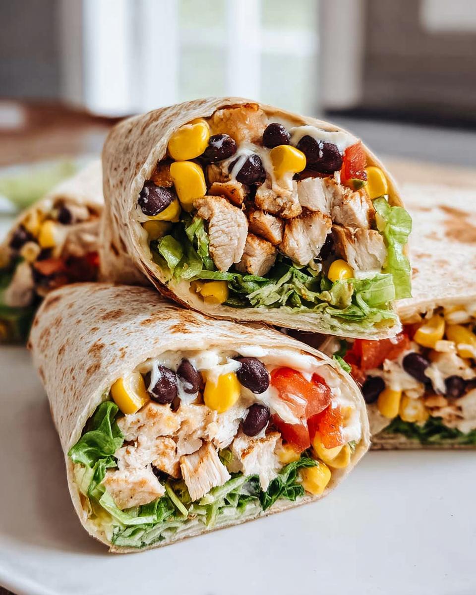 A close-up of a sliced Southwest Chicken Wrap, showing chicken, black beans, corn, lettuce, and tomato.