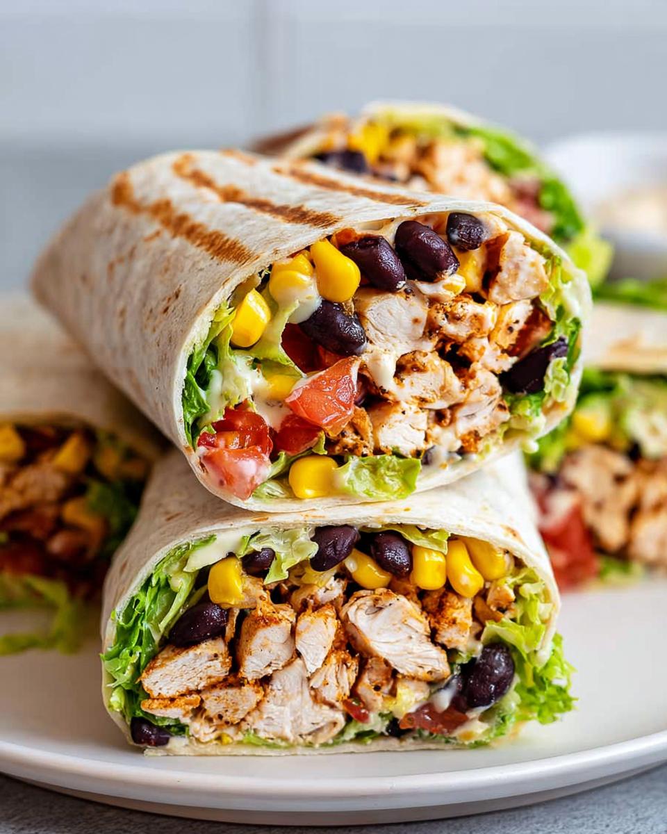 Close-up of two Southwest Chicken Wraps, packed with grilled chicken, black beans, corn, lettuce, and tomatoes.