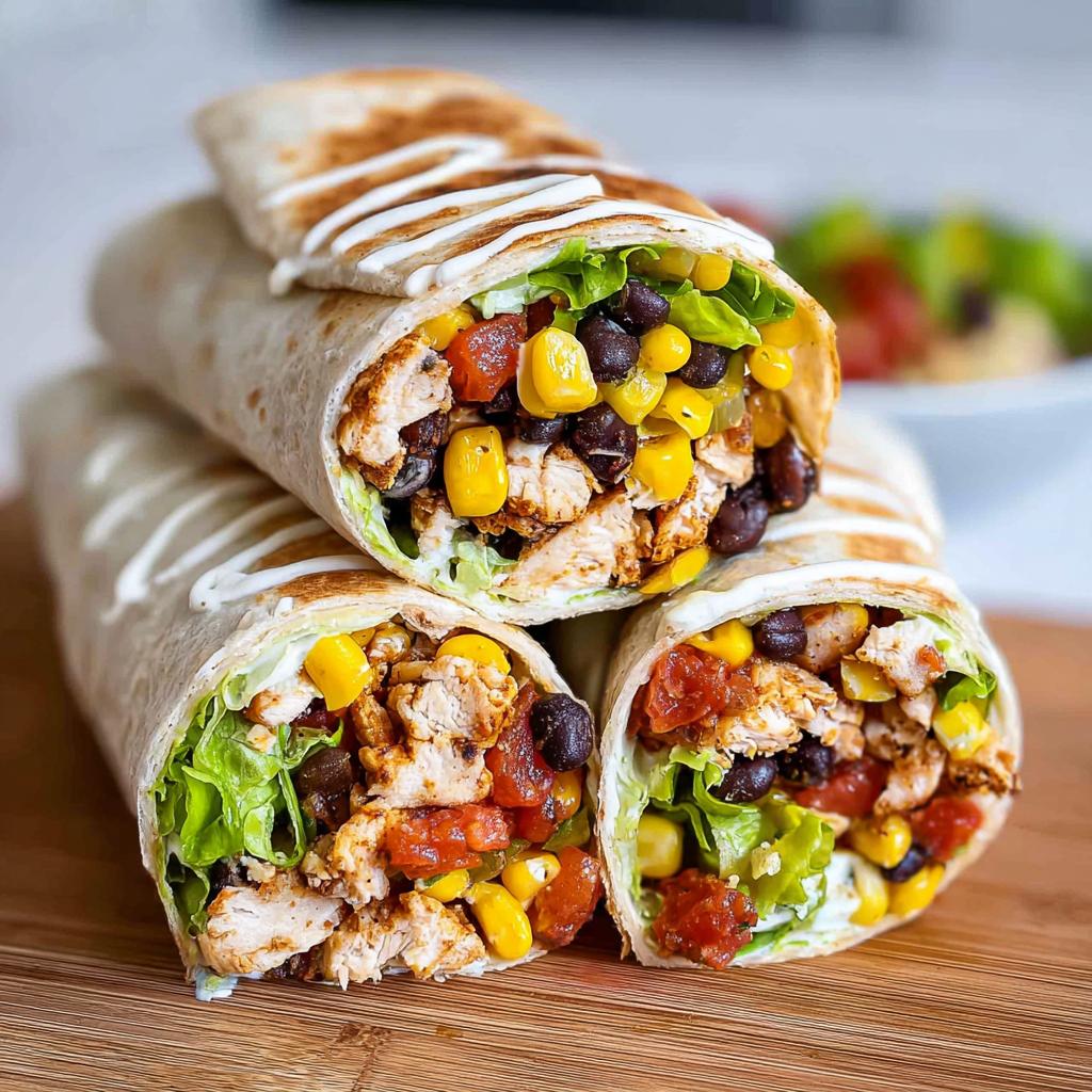 Three delicious Southwest Chicken Wraps filled with chicken, black beans, corn, lettuce, and tomatoes, drizzled with sauce.