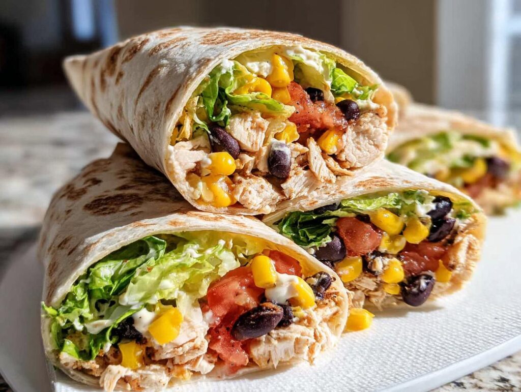 Three delicious Southwest Chicken Wraps stacked, filled with shredded chicken, black beans, corn, lettuce, and tomatoes.