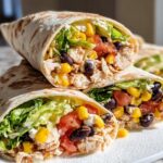 Three delicious Southwest Chicken Wraps stacked, filled with shredded chicken, black beans, corn, lettuce, and tomatoes.