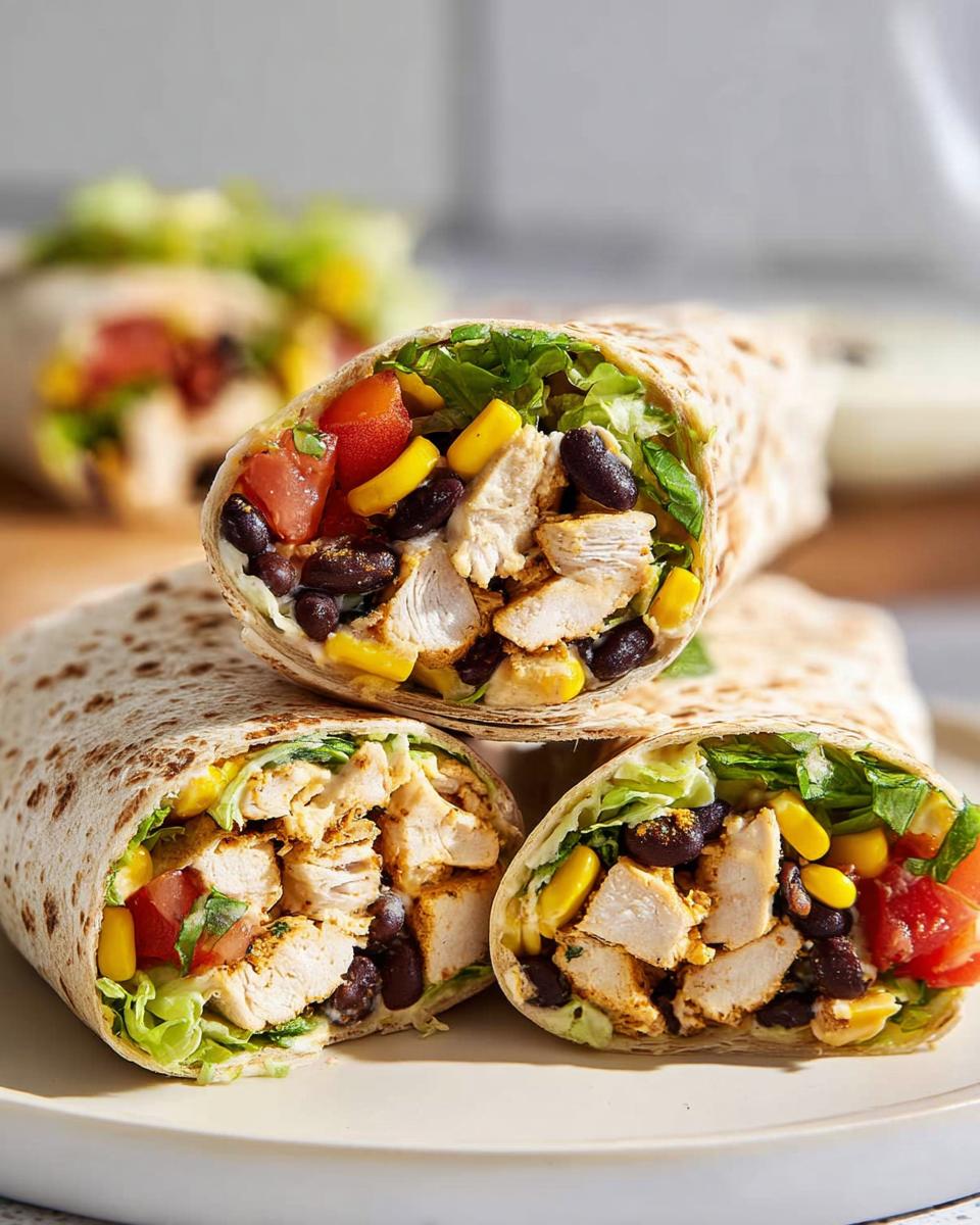 Close-up of Southwest Chicken Wraps filled with chicken, black beans, corn, tomatoes, and lettuce.