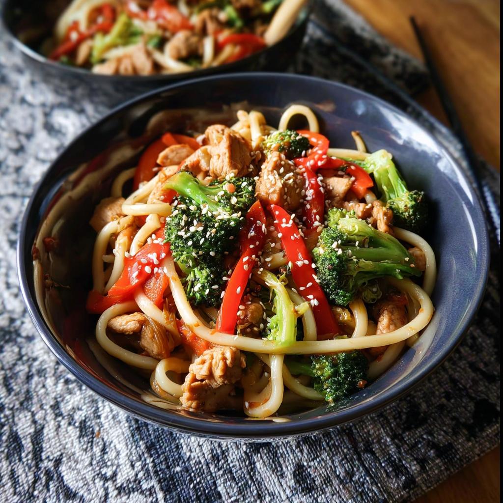 A close-up of a bowl filled with Spicy Garlic Chicken and Broccoli Noodle Bowls, garnished with sesame seeds.