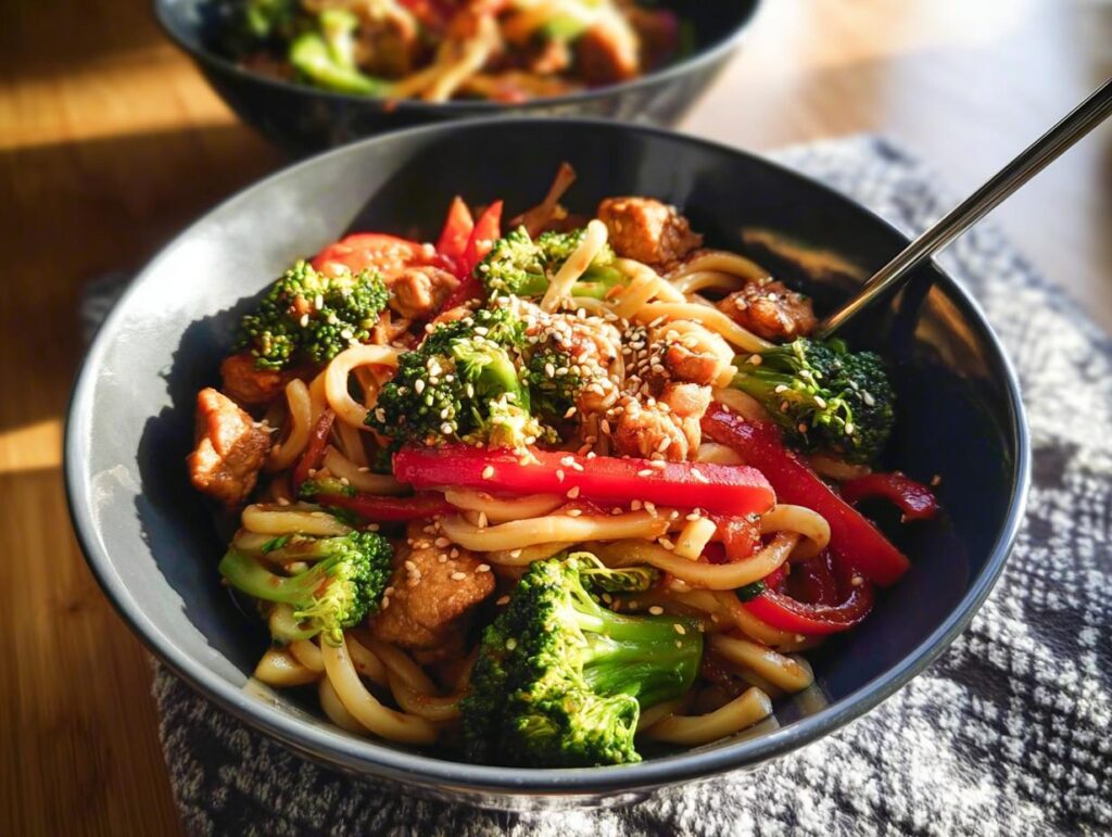 A bowl of Spicy Garlic Chicken and Broccoli Noodle Bowls with udon noodles, chicken, broccoli, and red peppers, topped with sesame seeds.