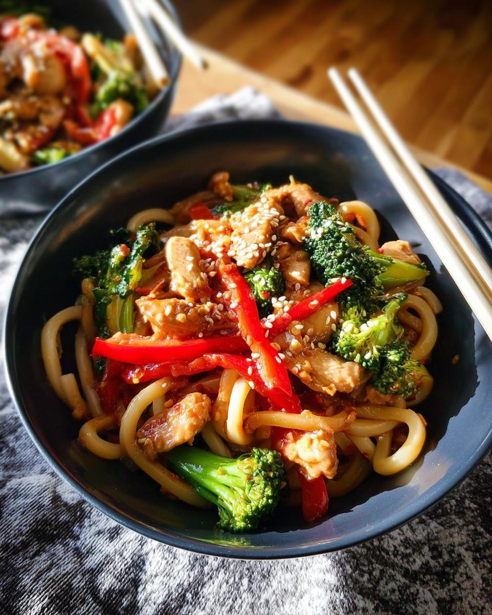 A close-up of a Spicy Garlic Chicken and Broccoli Noodle Bowl, featuring udon noodles, chicken, broccoli, and red bell peppers, topped with sesame seeds.