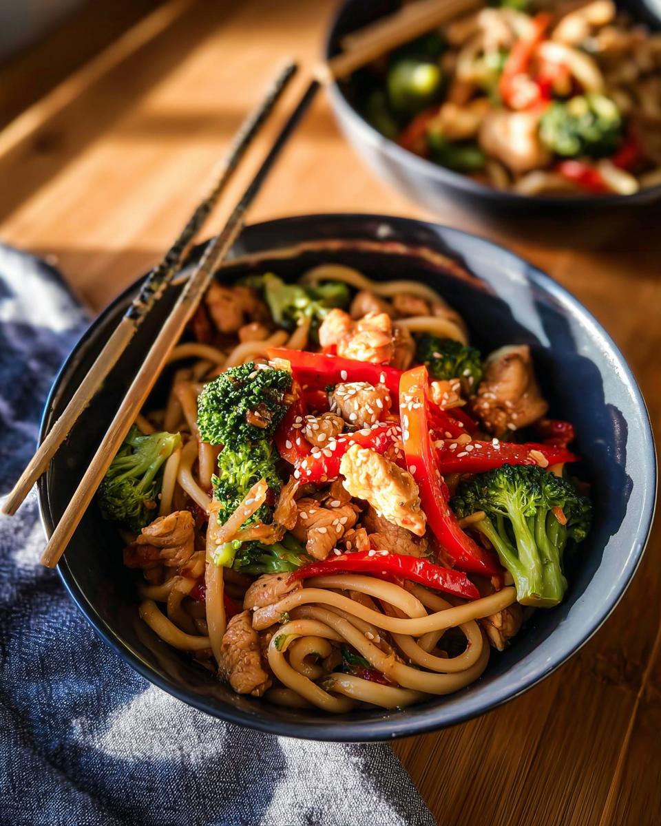 A close-up of a bowl of Spicy Garlic Chicken and Broccoli Noodle Bowls with chopsticks.