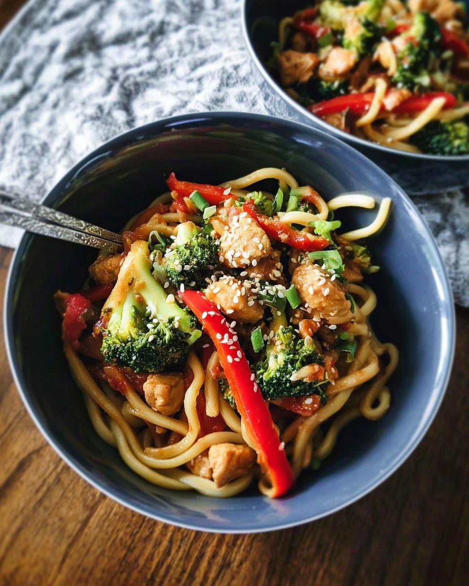 A close-up of a bowl filled with Spicy Garlic Chicken and Broccoli Noodle Bowls, featuring udon noodles, chicken, broccoli, and red bell peppers.