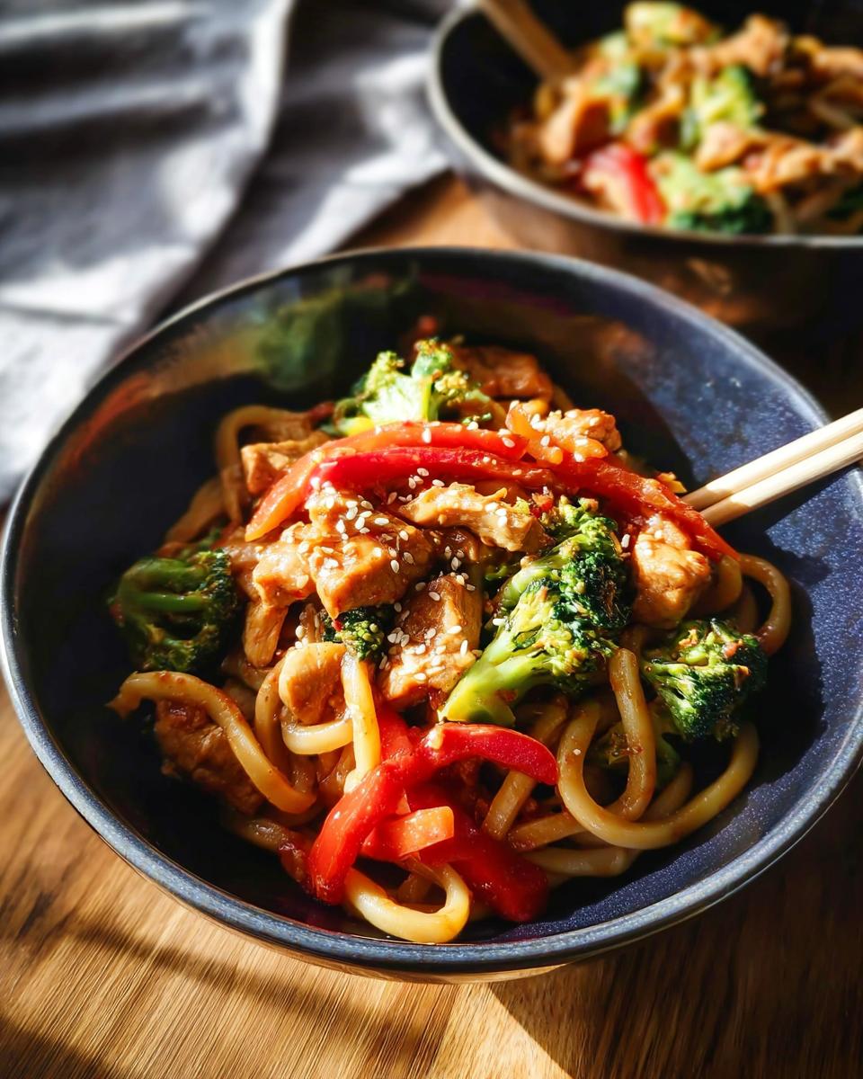A close-up of a bowl of Spicy Garlic Chicken and Broccoli Noodle Bowls, featuring udon noodles, chicken, broccoli, and red bell peppers.