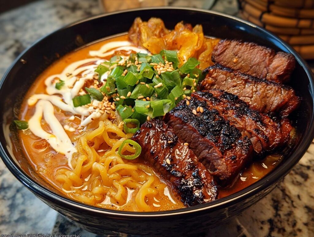 A bowl of Spicy Korean Ramen with tender grilled beef slices, creamy sauce, green onions, and sesame seeds.