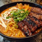 A bowl of Spicy Korean Ramen with tender grilled beef slices, creamy sauce, green onions, and sesame seeds.