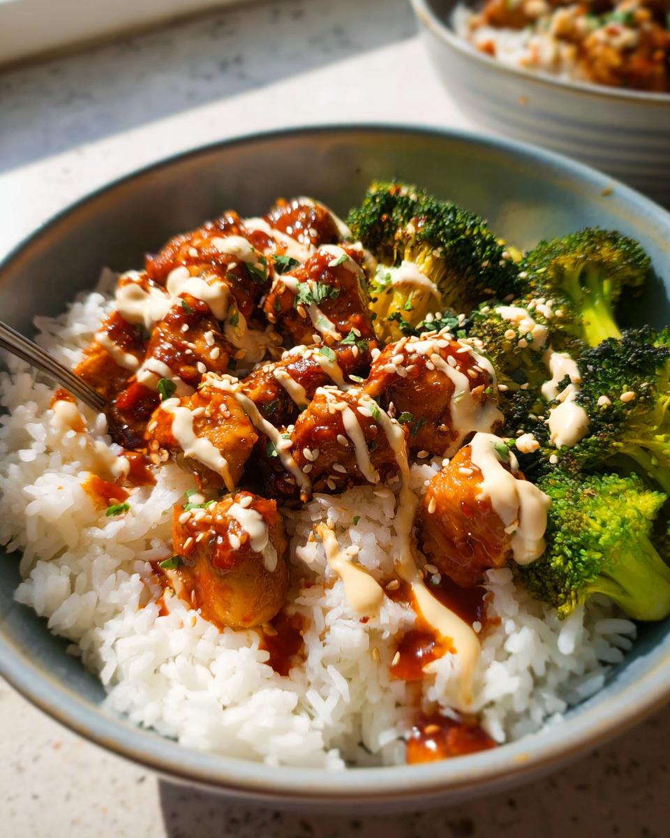 Close-up of a bowl of Sticky Chicken Bowls, featuring rice, glazed chicken, roasted broccoli, and a drizzle of sauce.