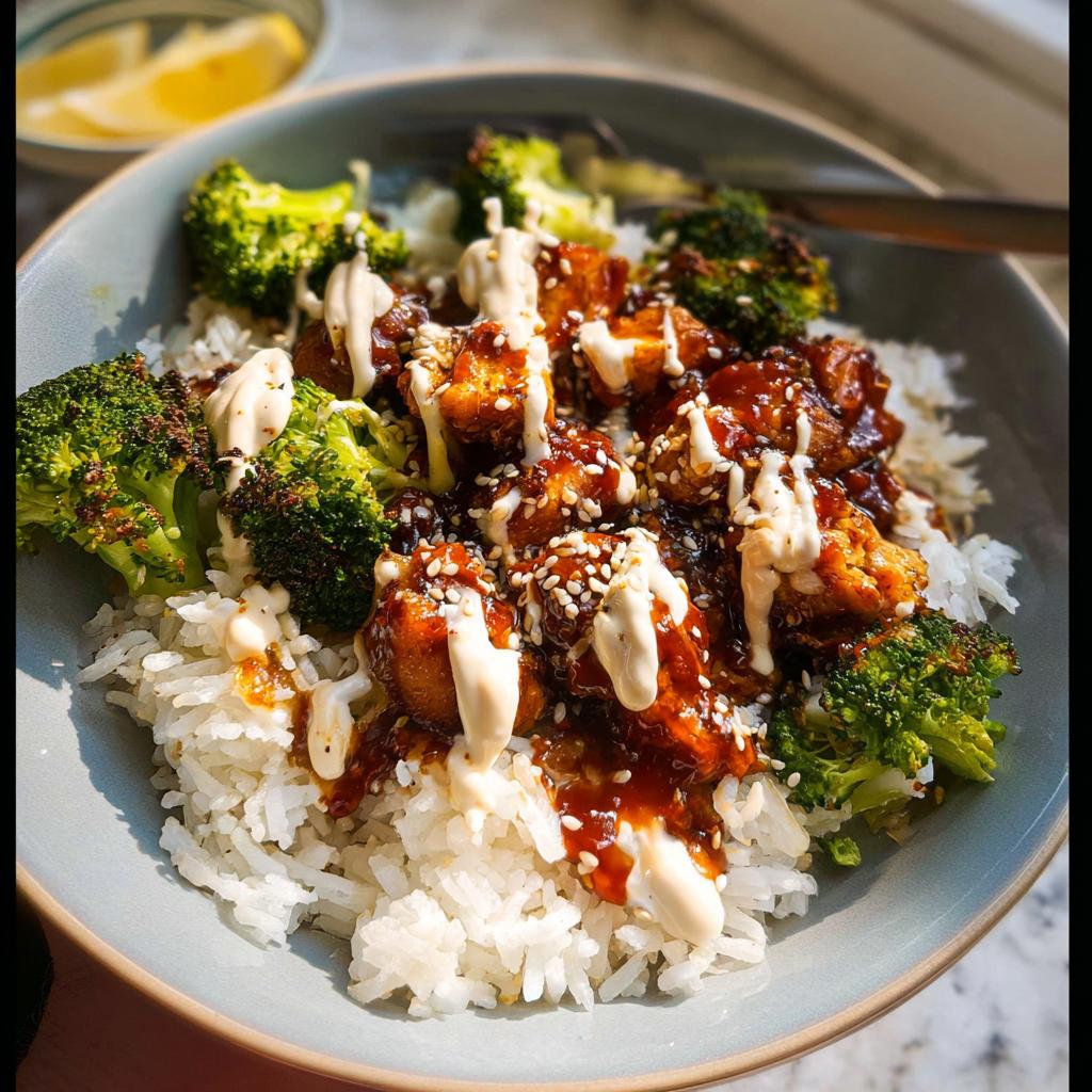 A close-up of a bowl of sticky chicken bowls, featuring rice, glazed chicken, roasted broccoli, and a drizzle of sauce.