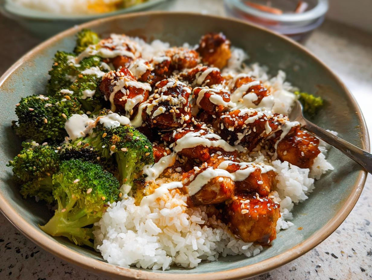 A close-up of a healthy Sticky Chicken Bowl featuring rice, roasted broccoli, and glazed chicken pieces drizzled with sauce and sesame seeds.