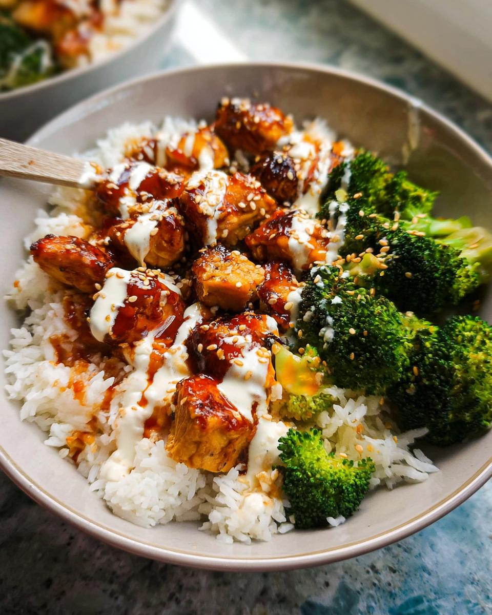 Close-up of a bowl filled with white rice, topped with glazed chicken pieces, broccoli florets, and a drizzle of sauce and sesame seeds.