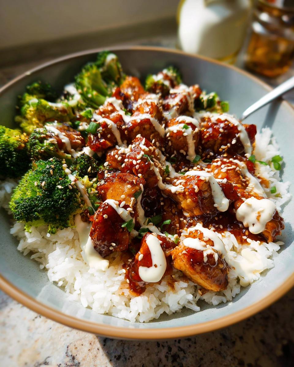 A close-up of a bowl filled with fluffy white rice, topped with glazed sticky chicken and steamed broccoli, drizzled with sauce and sesame seeds.