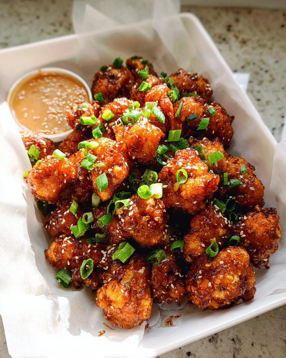 Close-up of Irresistible Sticky Honey Garlic Cauliflower Recipe bites, garnished with sesame seeds and green onions.