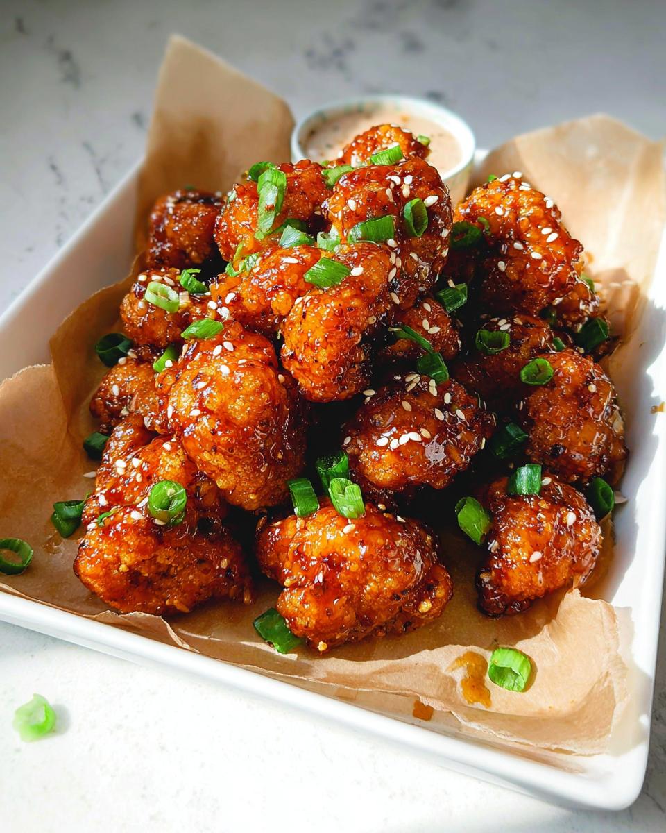 A close-up of Irresistible Sticky Honey Garlic Cauliflower bites, coated in a glossy sauce and sprinkled with sesame seeds and green onions.