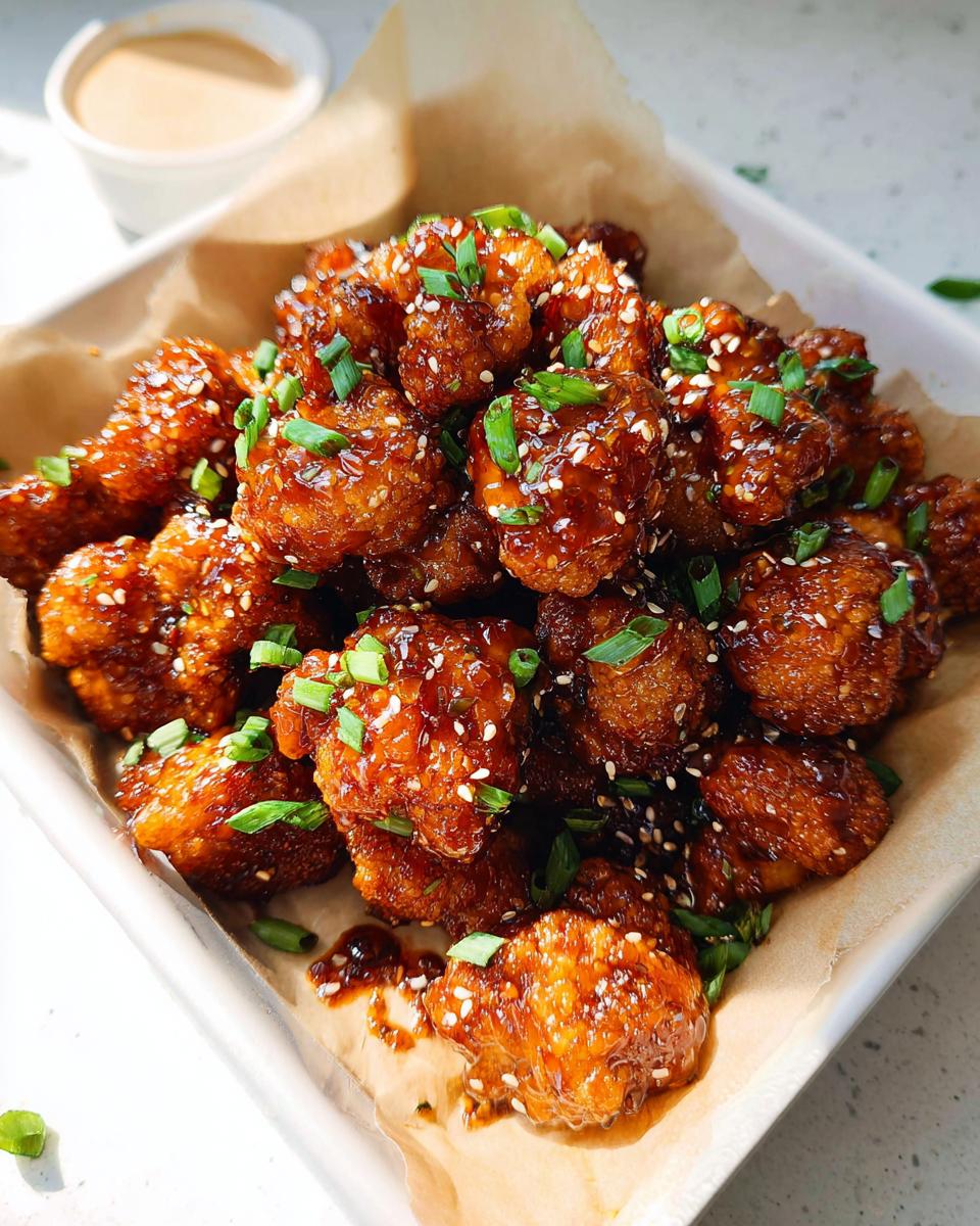 A close-up of Irresistible Sticky Honey Garlic Cauliflower Recipe bites, coated in a glossy sauce and sprinkled with sesame seeds and green onions.