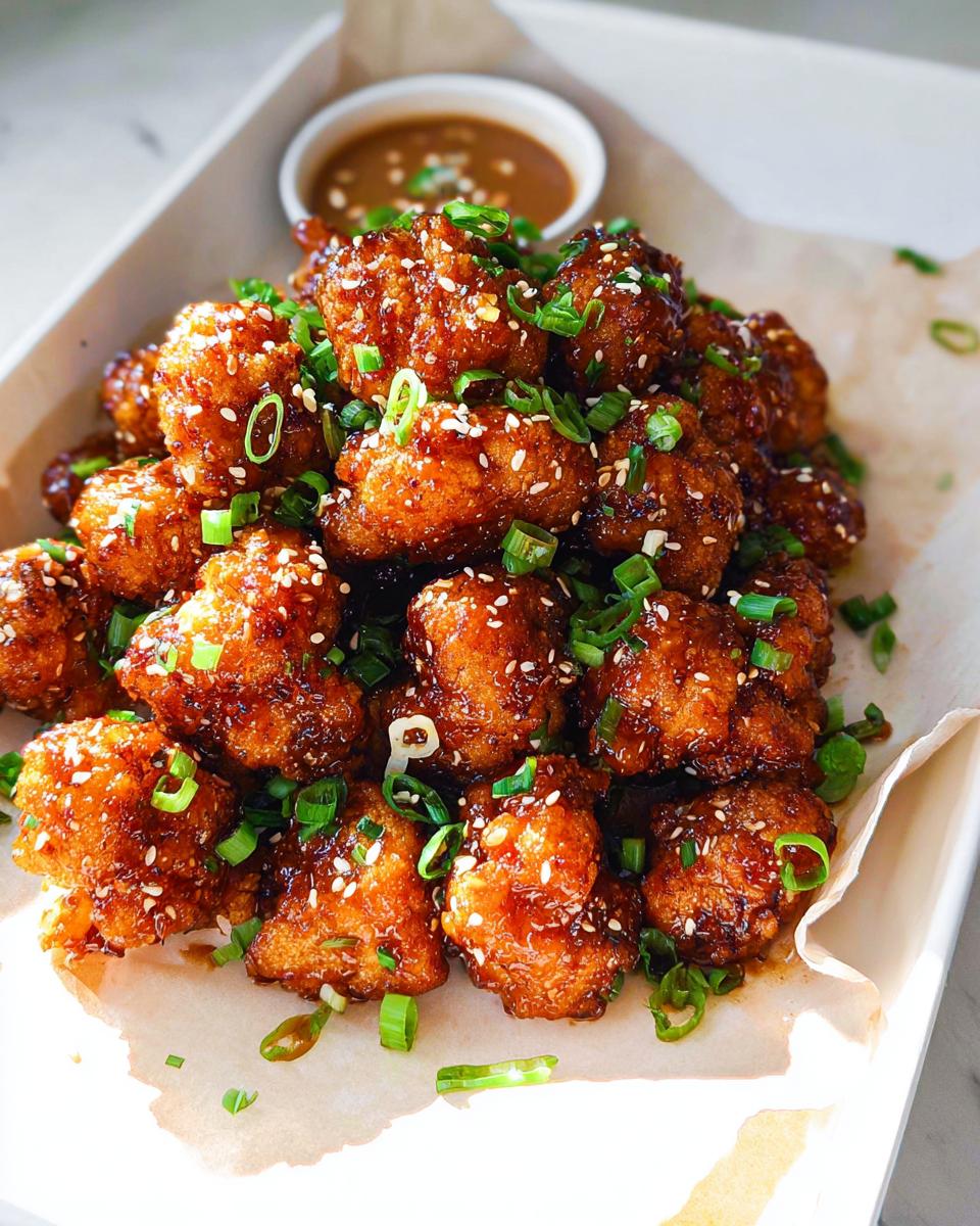 A pile of Irresistible Sticky Honey Garlic Cauliflower bites, garnished with sesame seeds and chopped scallions.