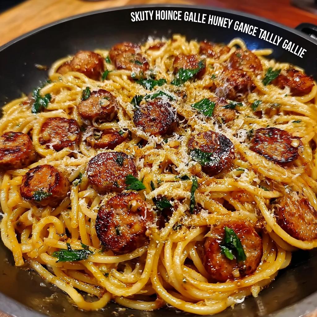 A close-up of a skillet filled with sticky honey garlic sausage pasta, topped with grated cheese and parsley.
