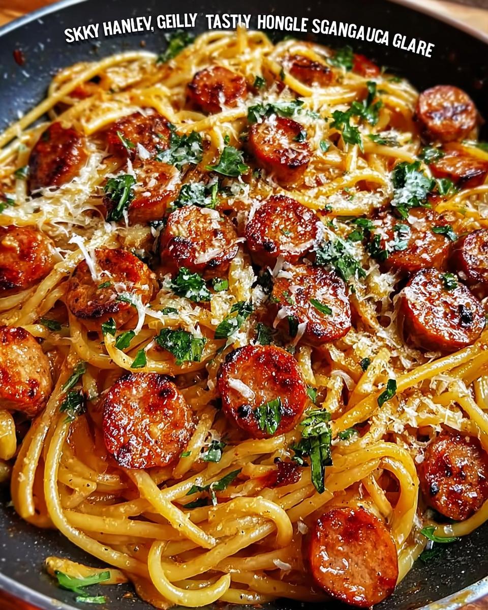 Close-up of a skillet filled with Sticky Honey Garlic Sausage Pasta, topped with parsley and Parmesan cheese.