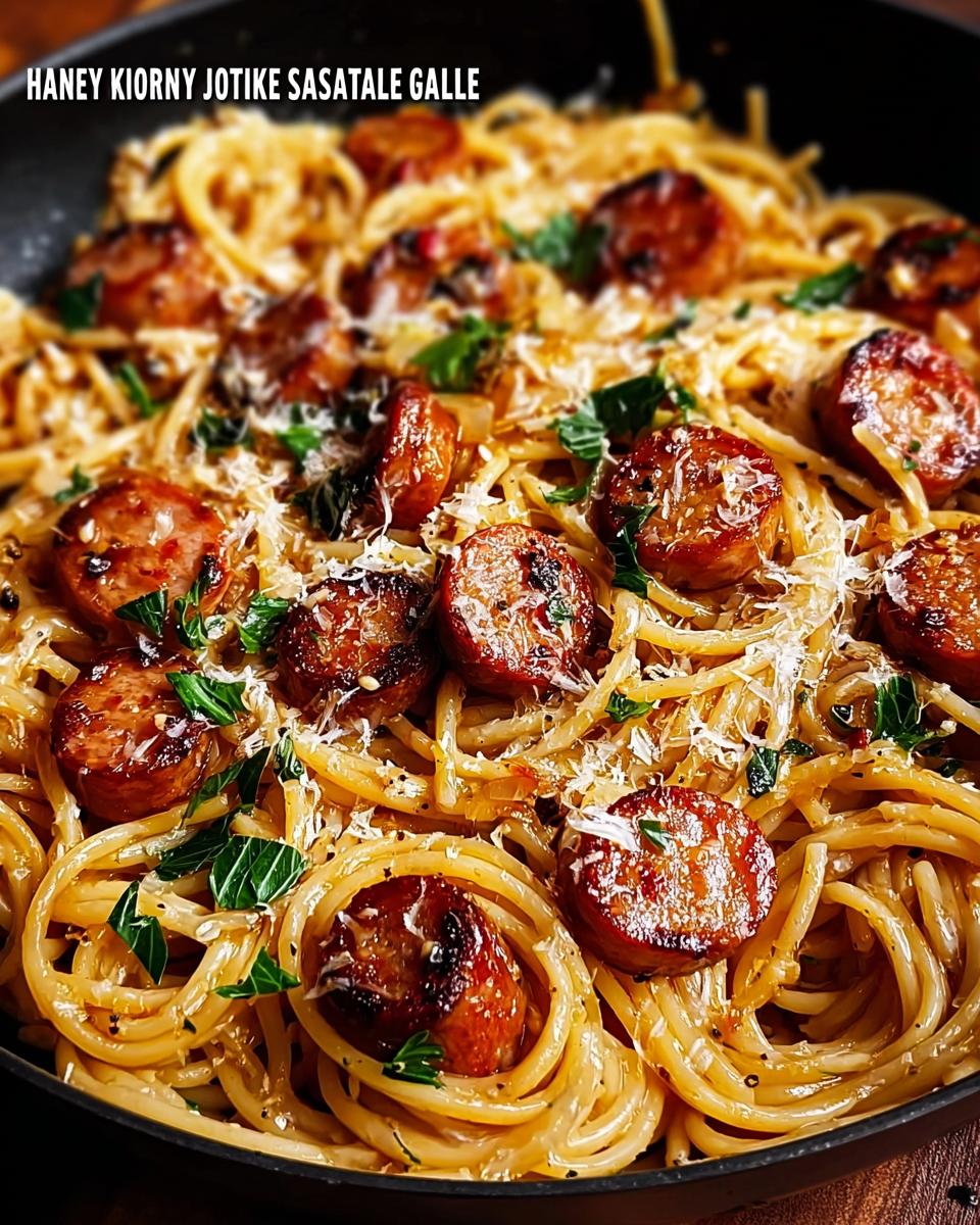 Close-up of a skillet filled with Sticky Honey Garlic Sausage Pasta, featuring spaghetti, sliced sausage, and fresh parsley.