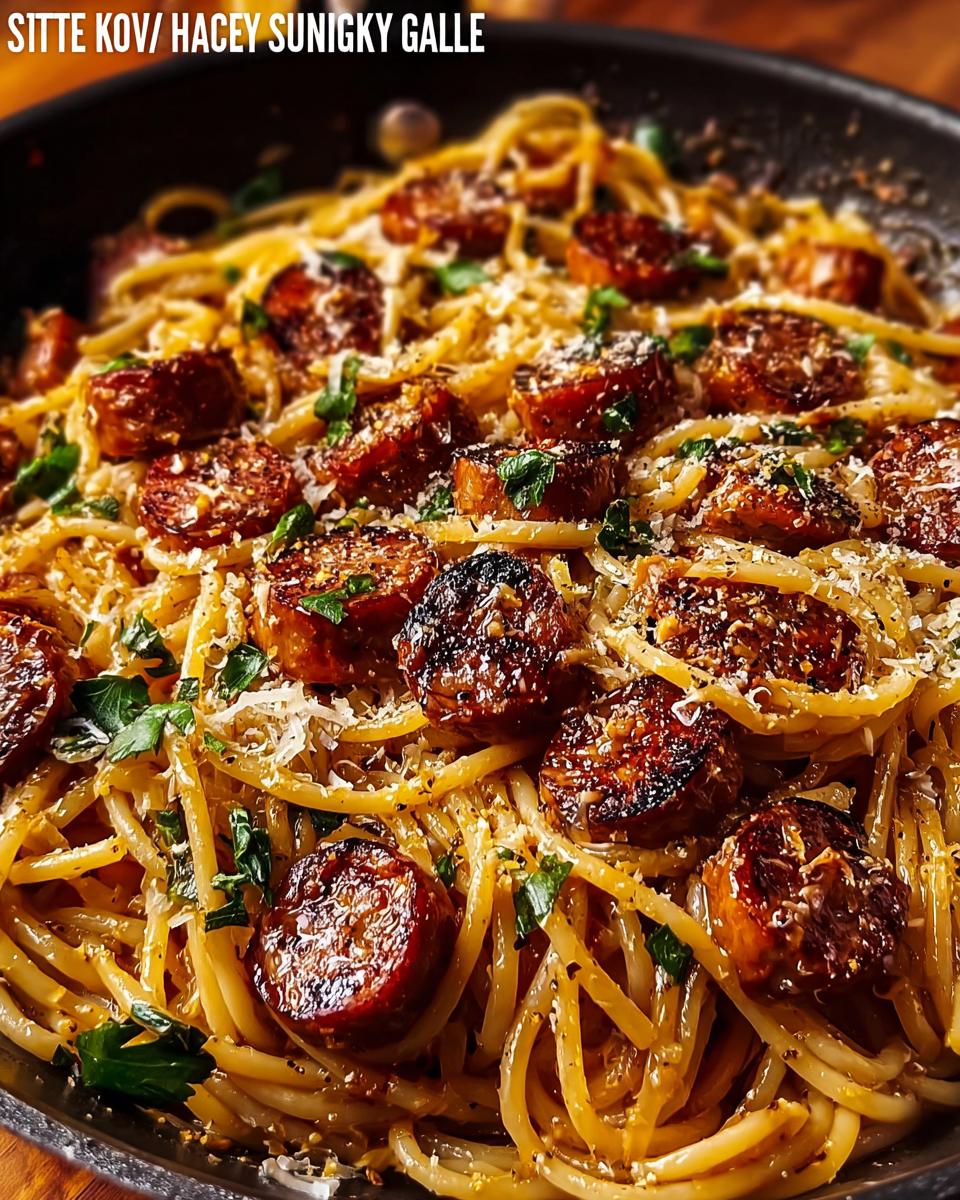 Close-up of a skillet filled with Sticky Honey Garlic Sausage Pasta, topped with parmesan and parsley.