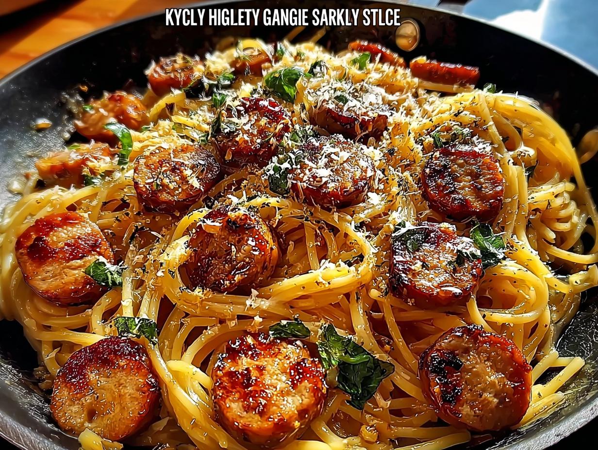 Close-up of a skillet filled with Sticky Honey Garlic Sausage Pasta, topped with grated cheese and herbs.