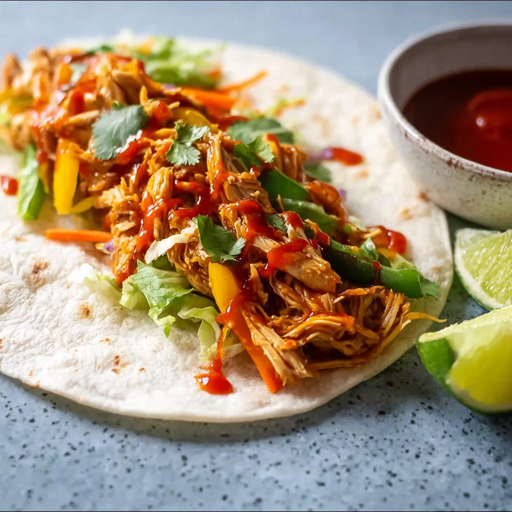 A close-up of a Sweet Chili Chicken Wrap filled with shredded chicken, vegetables, and drizzled with sauce.