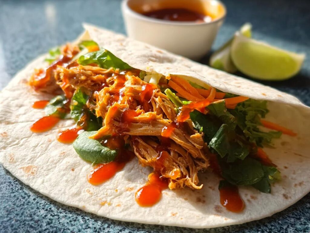A close-up of a Sweet Chili Chicken Wrap filled with shredded chicken, lettuce, and carrots, drizzled with sweet chili sauce.