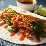 A close-up of a Sweet Chili Chicken Wrap filled with shredded chicken, lettuce, and carrots, drizzled with sweet chili sauce.