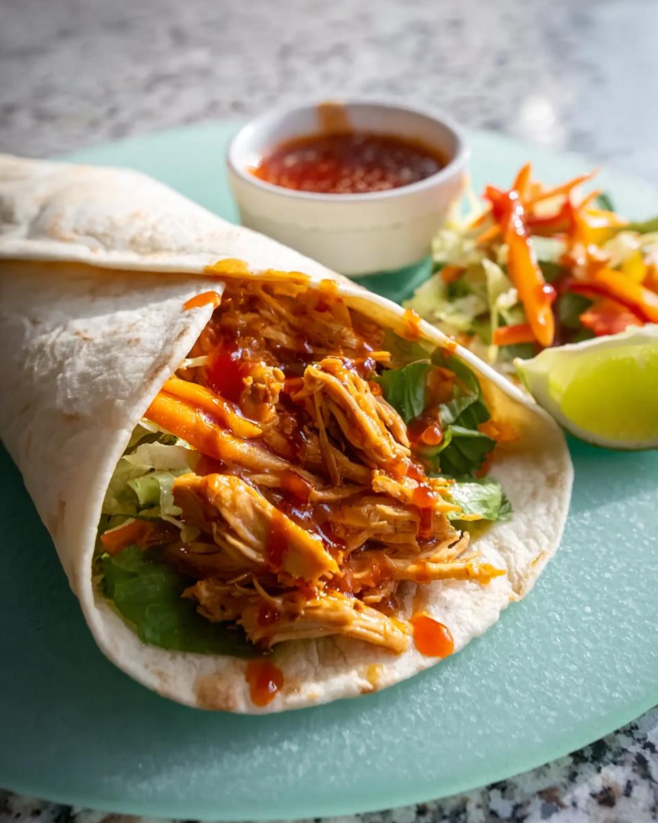 A delicious Sweet Chili Chicken Wrap filled with shredded chicken, lettuce, and carrots, served with a side of salad and dipping sauce.