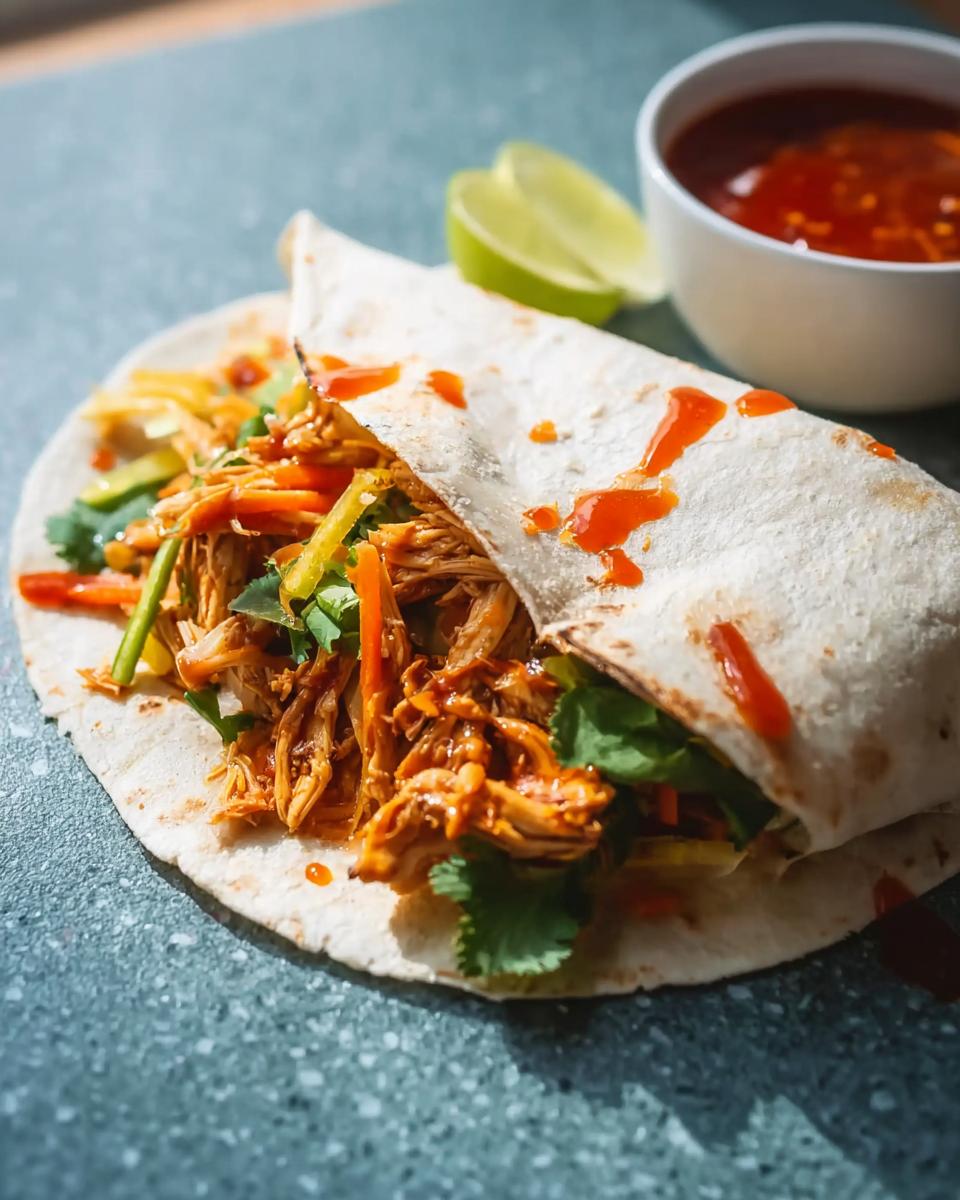 A delicious Sweet Chili Chicken Wrap filled with shredded chicken, vegetables, and cilantro, drizzled with sauce.