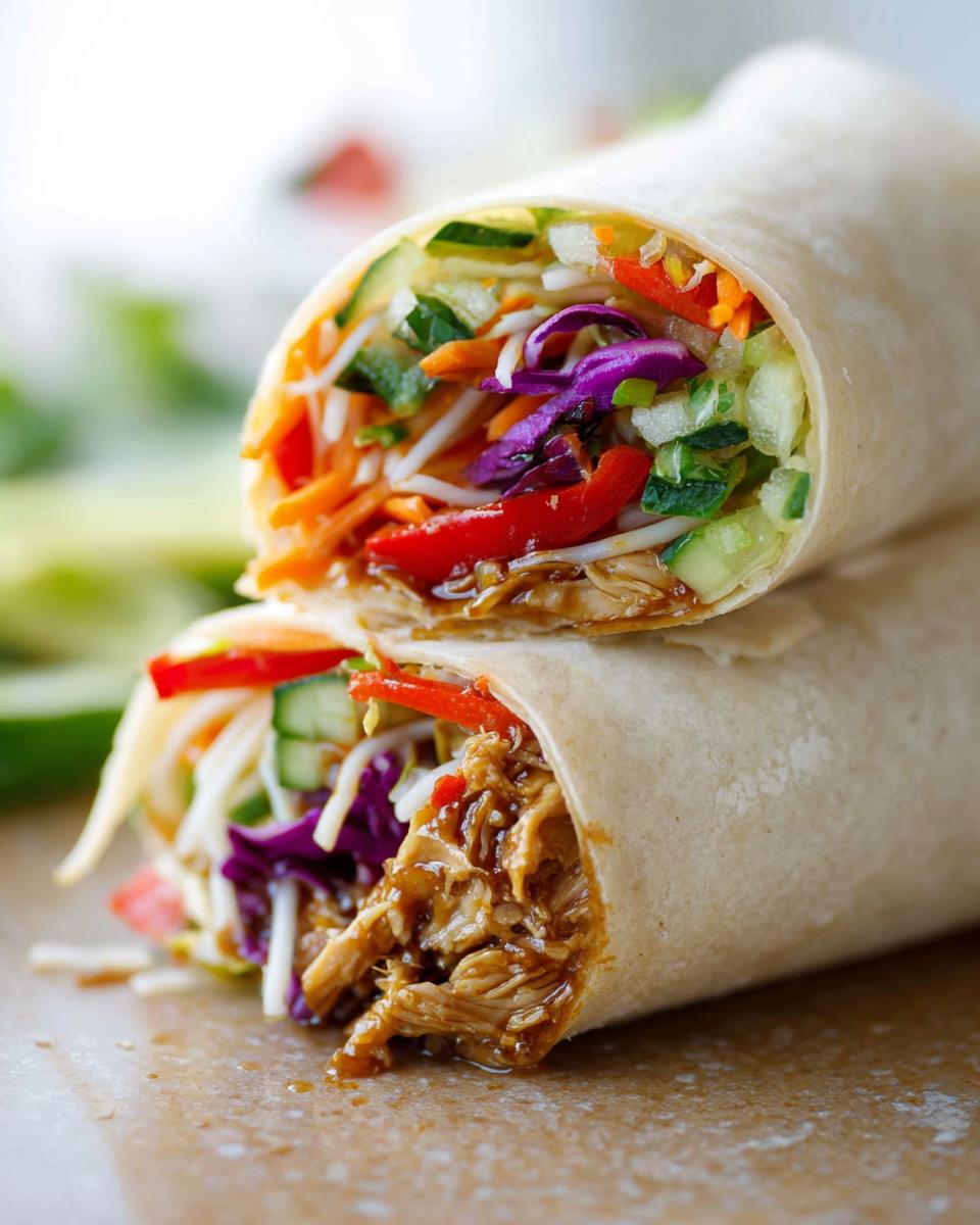 Close-up of a delicious Teriyaki Chicken Wrap filled with shredded chicken, colorful vegetables, and a savory sauce.