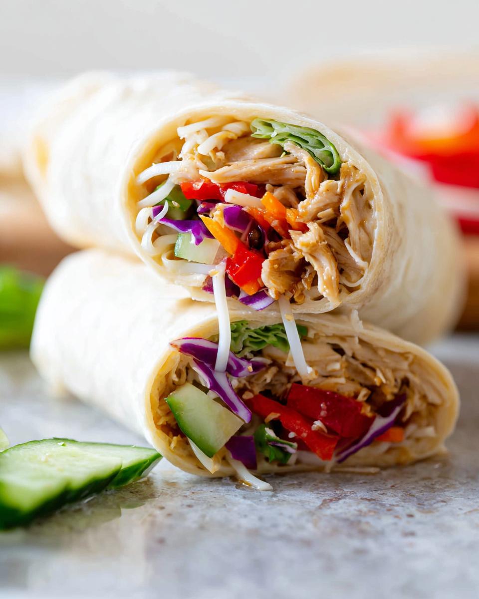 A close-up of a Teriyaki Chicken Wrap cut in half, showing shredded chicken, colorful vegetables, and a tortilla.