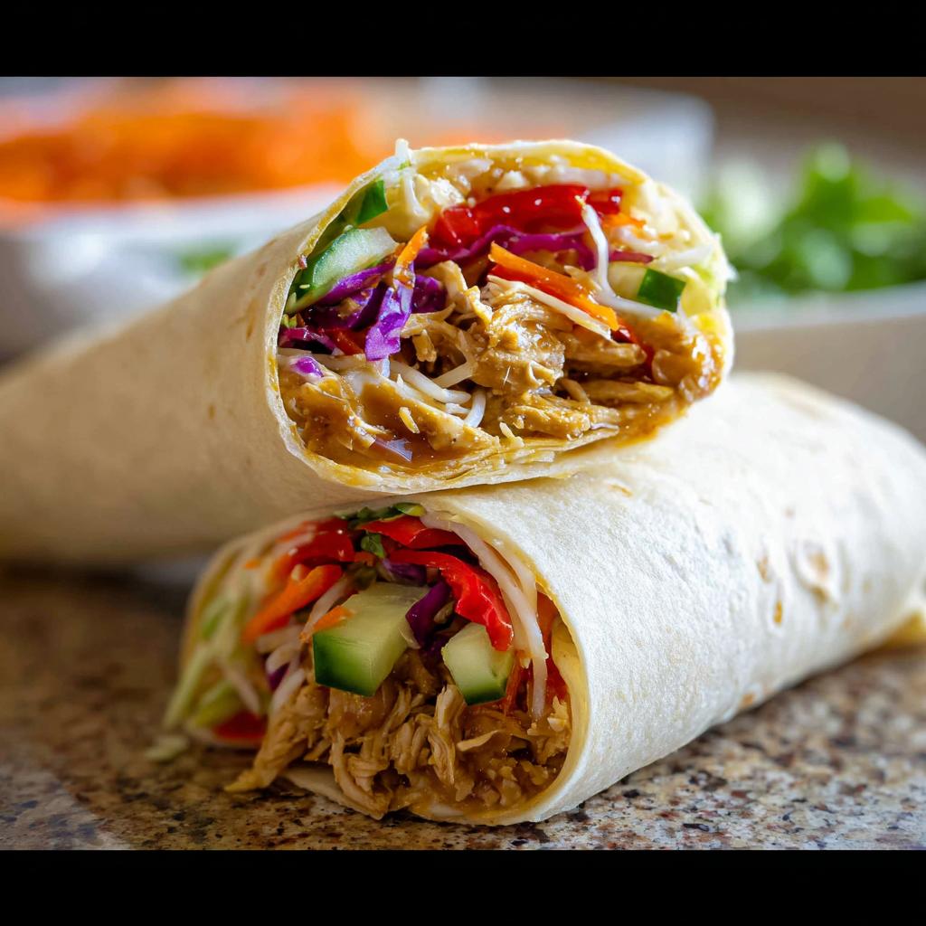 A delicious Teriyaki Chicken Wrap cut in half, showing shredded chicken, colorful vegetables, and sauce.