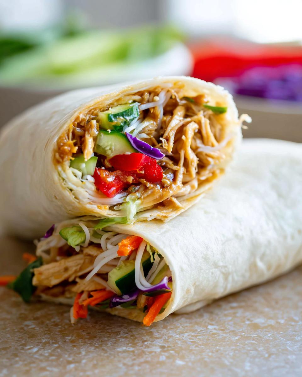 Close-up of a delicious Teriyaki Chicken Wrap cut in half, showing shredded chicken, fresh vegetables, and noodles.