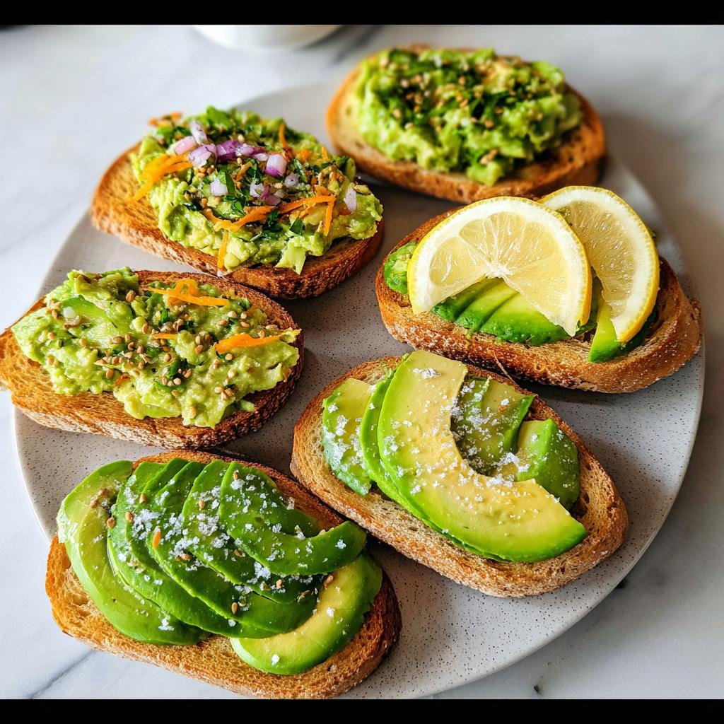 A plate filled with six different avocado toast variations, showcasing sliced avocado, mashed avocado, lemon slices, and various toppings.