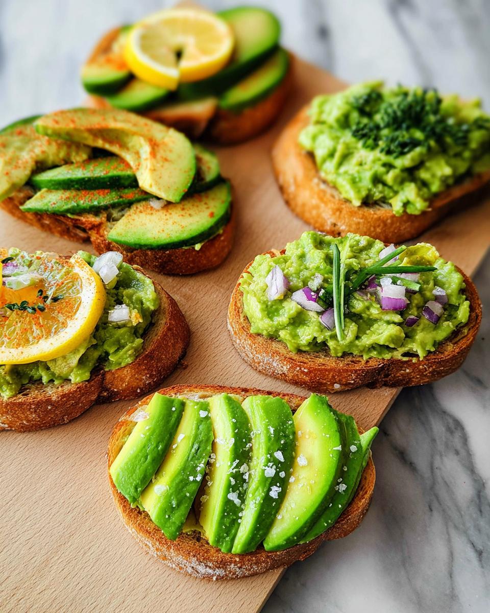 A variety of avocado toast toppings, including sliced avocado, mashed avocado with chives and red onion, and avocado with lemon.